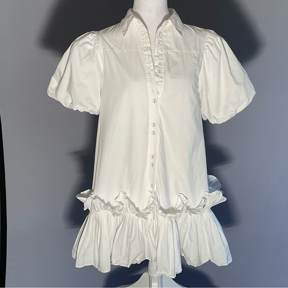 Areum White Puff Sleeve Mini Dress Graduation Bridal Shower Cottage Core XS - Picture 5 of 16